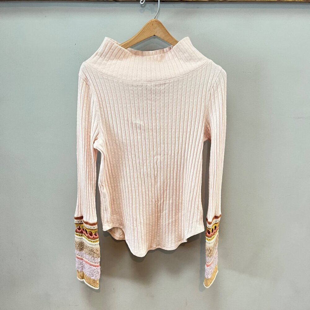Free People LG Ribbed Knit Long‎ Sleeve Sweater With Mixed Media Cuff
